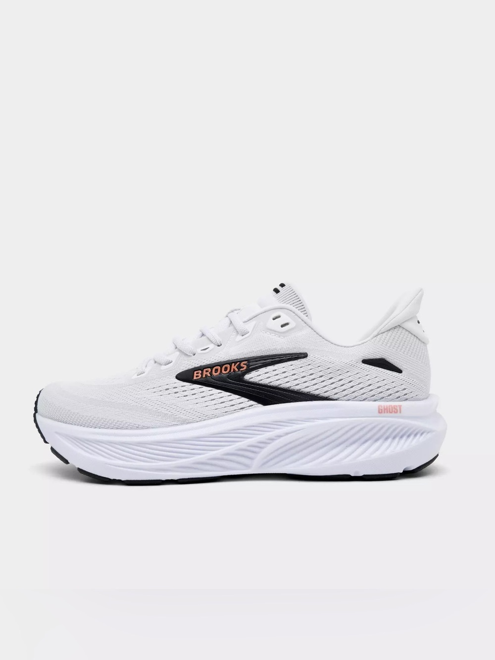 Brooks Ghost 18 road-running shoes in white, black, and rose gold size women’s 8